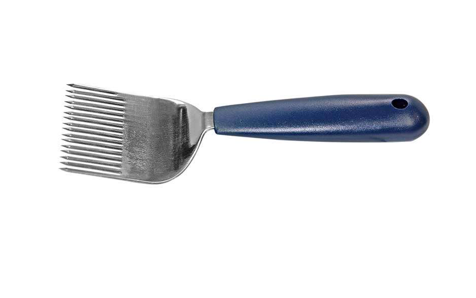 Laserontgrendelingsvork met krabber aan het zijframe. Blauw handvat