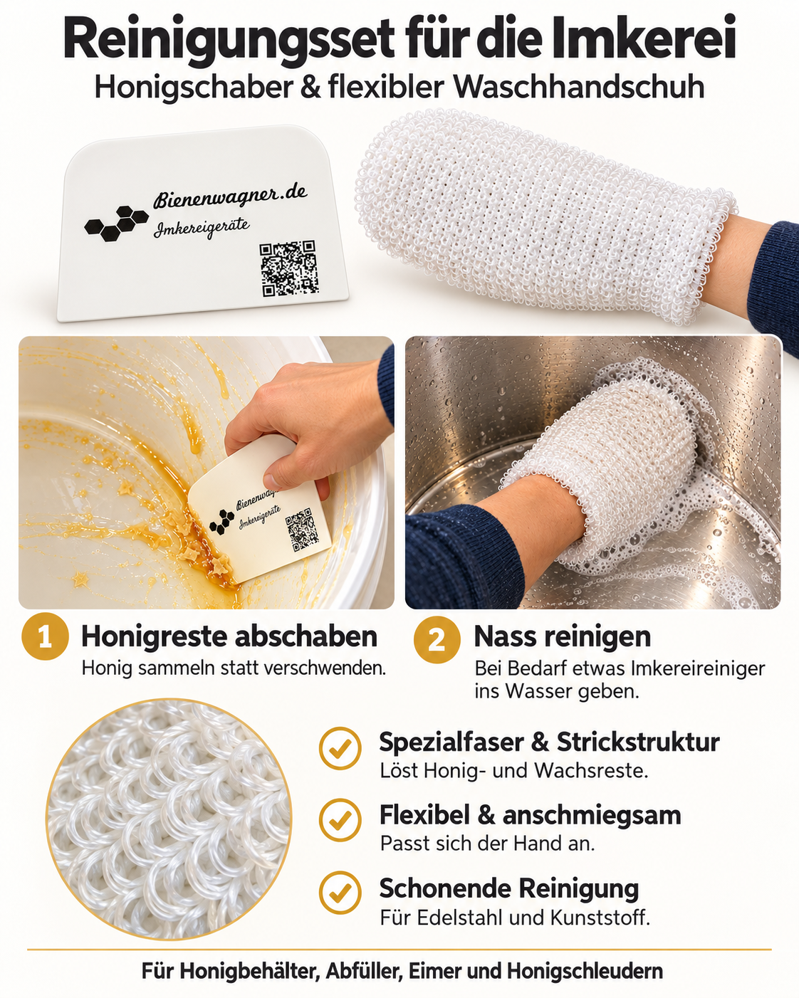 Cleaning set for beekeepers – wash glove & honey scraper for stainless steel and plastic