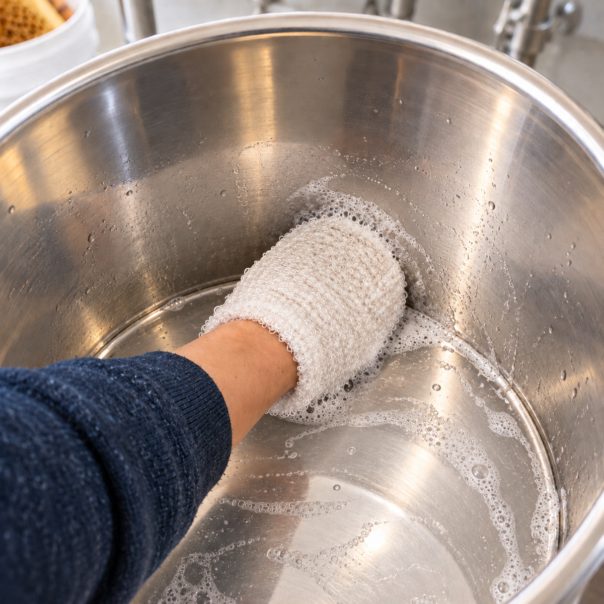Cleaning set for beekeepers – wash glove & honey scraper for stainless steel and plastic