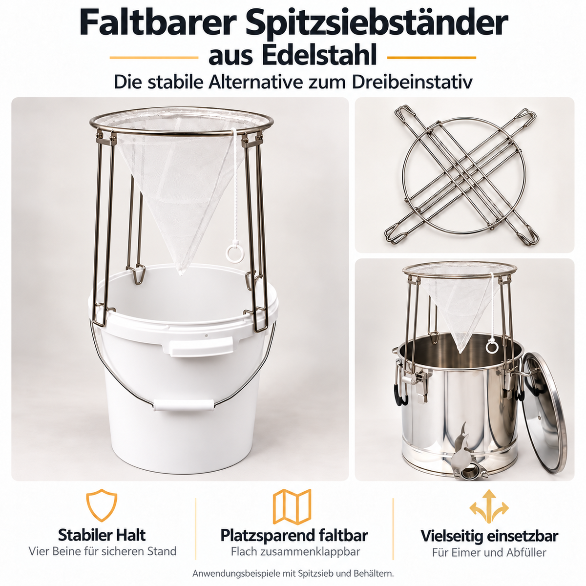 Faltbarer Spitzsiebständer aus Edelstahl – stabiler Siebhalter für Honigeimer und Abfüller Dreibeinstativ für 32cm Spitzsieb