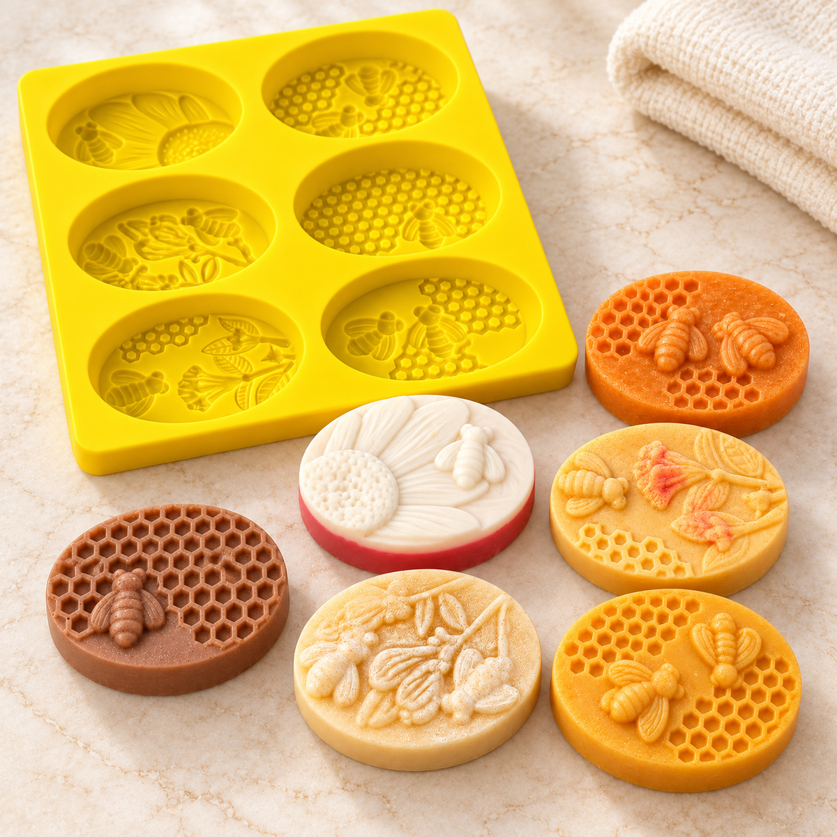 Silicone soap mould bees & honeycomb – 6 oval cavities with bee and flower motifs, multi-cavity soap casting mould