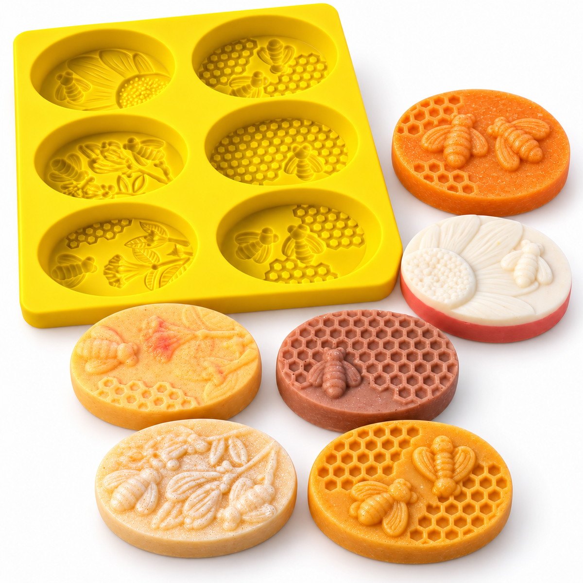 Silicone soap mould bees & honeycomb – 6 oval cavities with bee and flower motifs, multi-cavity soap casting mould