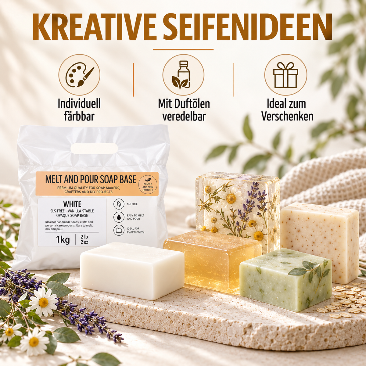 Base per sapone Melt & Pour bianca – 1 kg | Vegana, senza olio di palma e facile da lavorare
