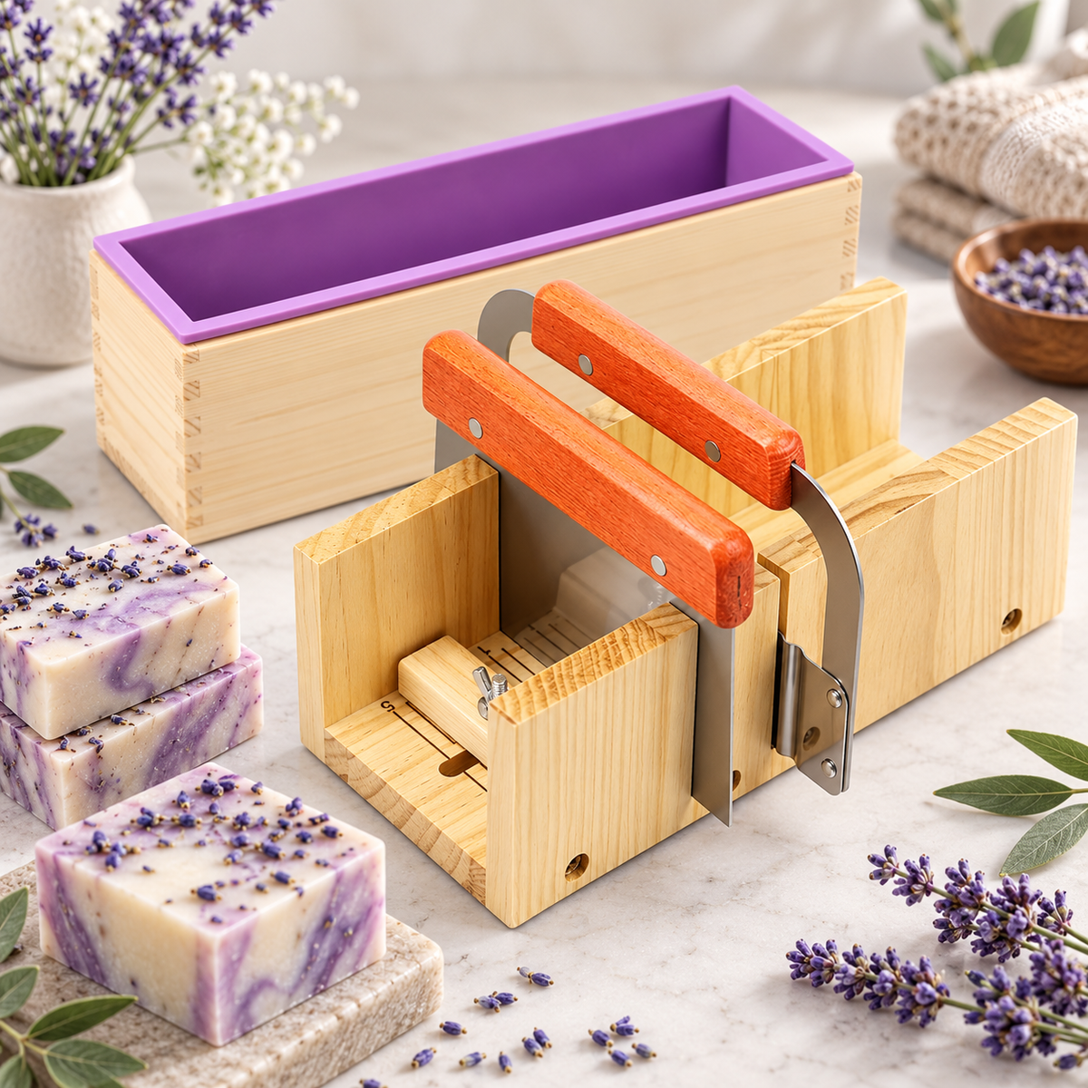 Instelbare houten zeep snijder met 2 messen – glad & golf