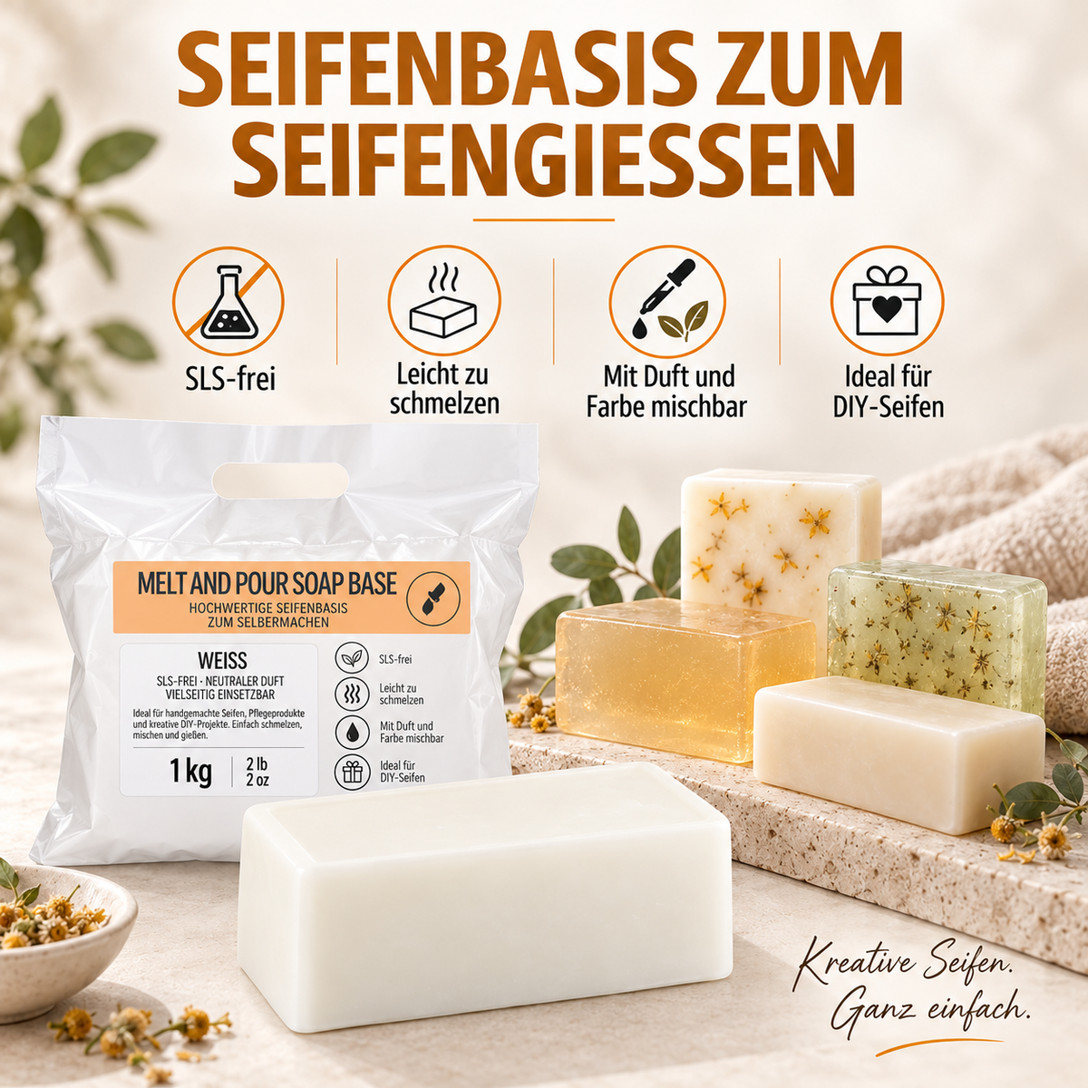 Base per sapone Melt & Pour bianca – 1 kg | Vegana, senza olio di palma e facile da lavorare