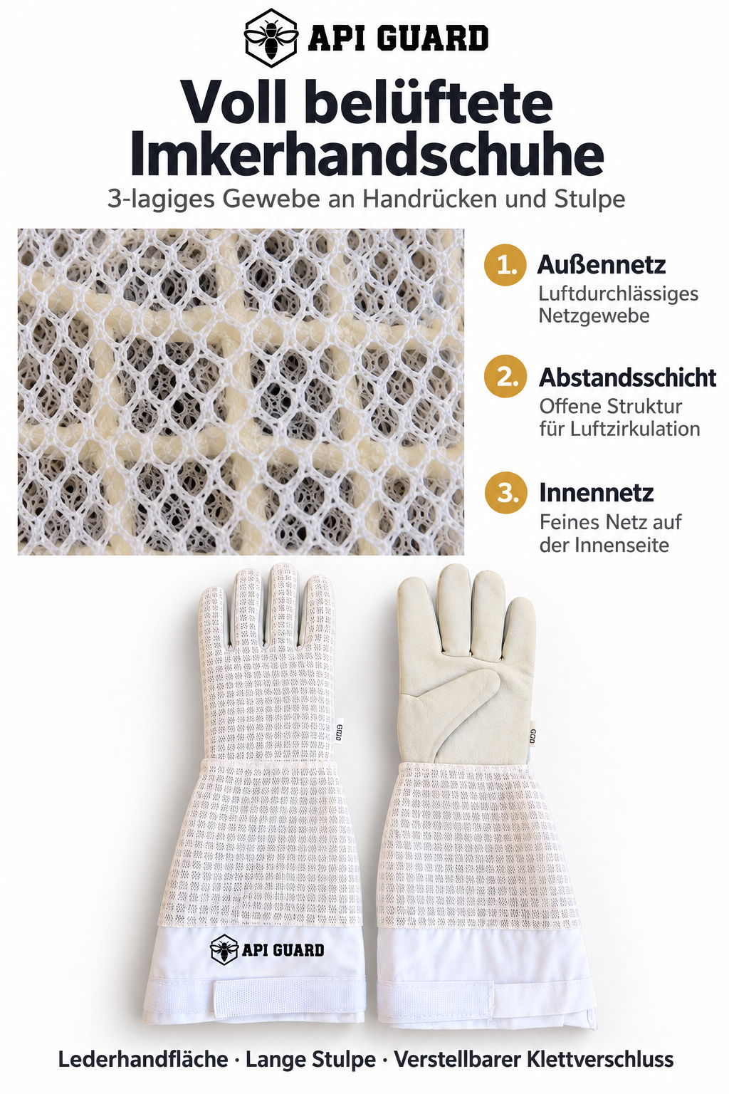 Beekeeping gloves made of sheepskin with 3-layer white mesh fabric (Copy) 