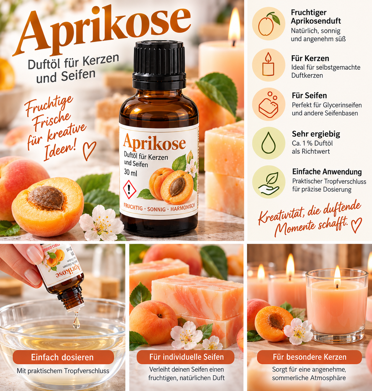 Abrikoos geurolie 30 ml – fruitige geur voor kaarsen & zepen 