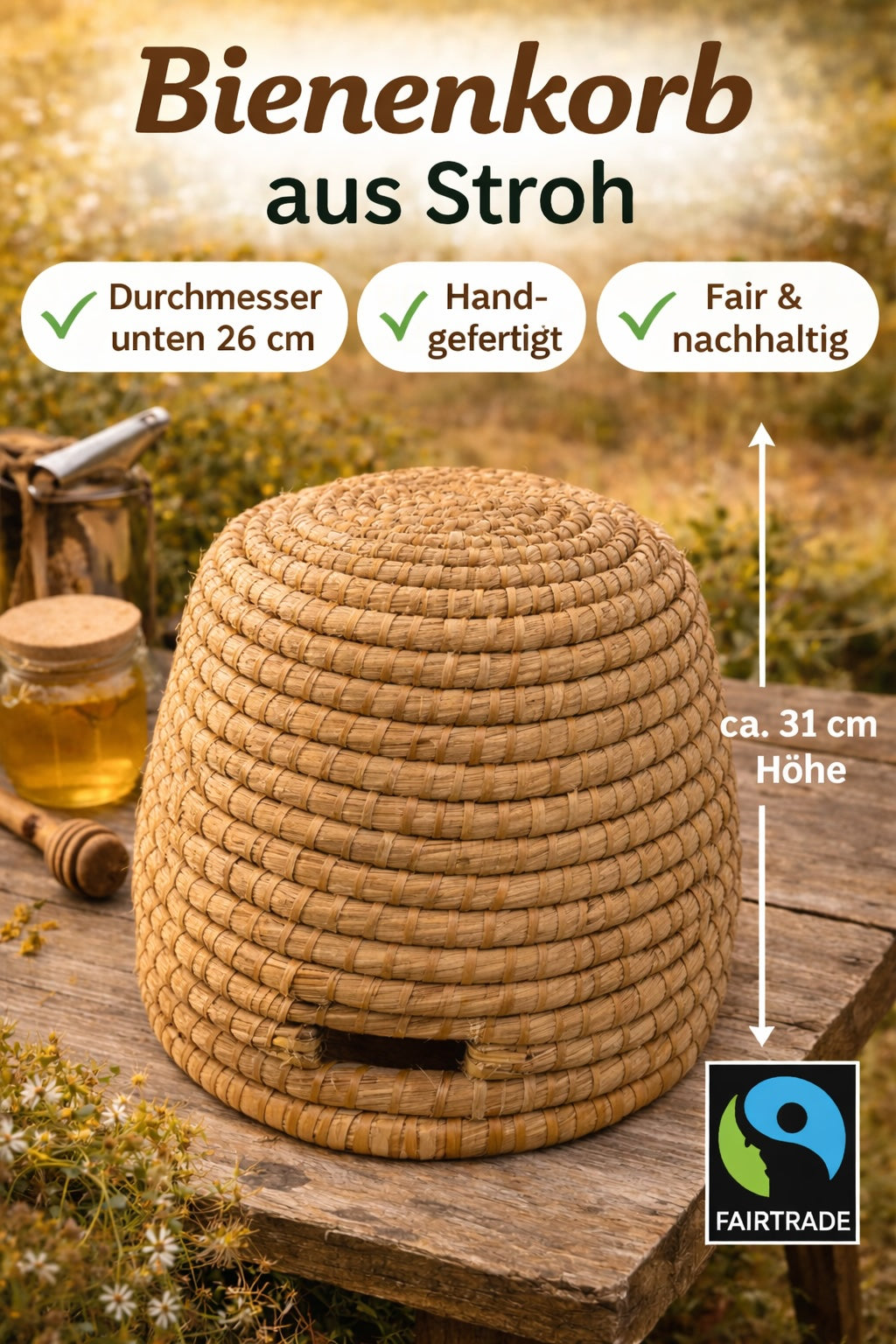 Bienenkorb Verschieden Größen  aus Stroh 26cm-35cm  – Handarbeit Fairtrade