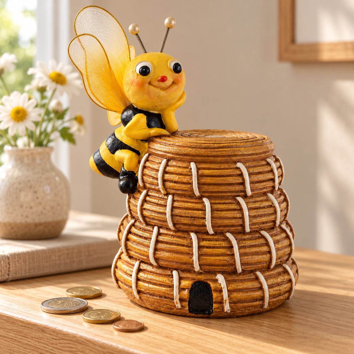 Bee Skep Money Box with Bee – hand-painted resin figurine, 16 cm | Gift for Beekeepers 