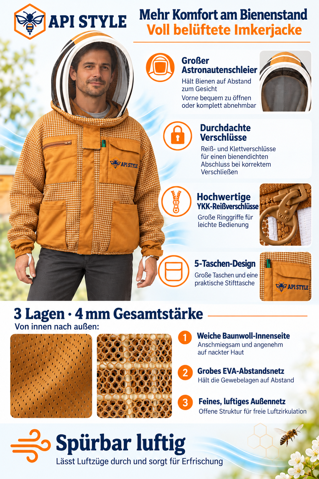 API STYLE Beekeeping Jacket Brown – fully ventilated unisex beekeeping jacket with astronaut veil 