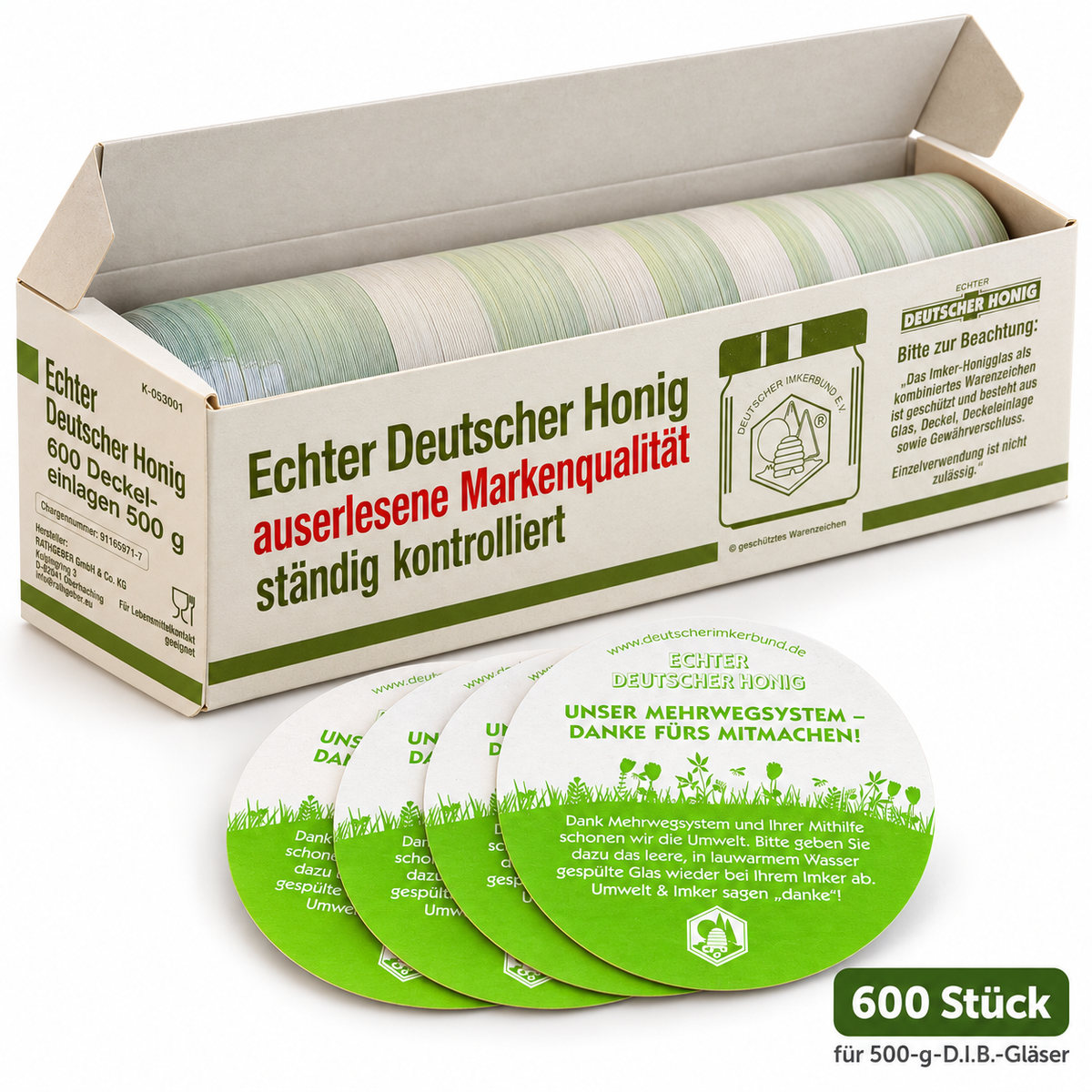 Inserti per coperchi D.I.B. per vasetti di miele da 500 g – 120 o 600 pezzi Deutscher Imkerbund 