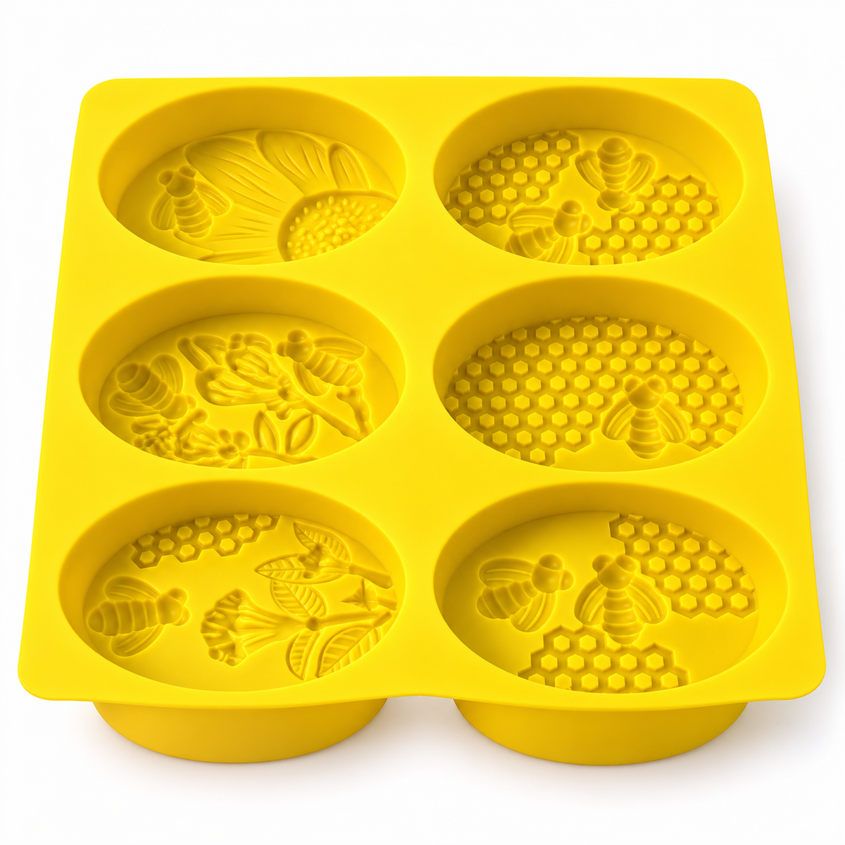 Silicone soap mould bees & honeycomb – 6 oval cavities with bee and flower motifs, multi-cavity soap casting mould 