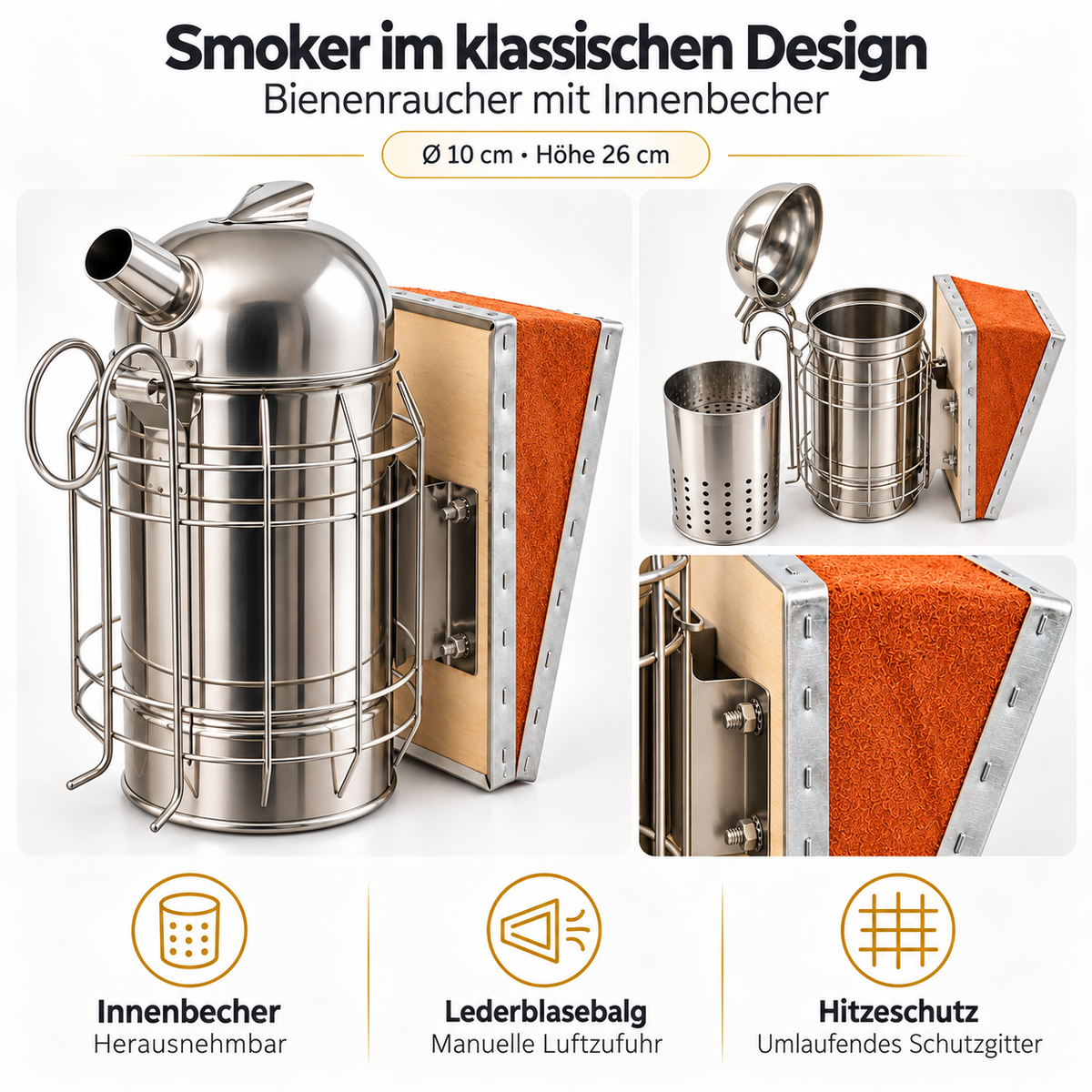 Enfumoir avec godet intérieur, soufflet en cuir et protection thermique, enfumoir pour abeilles au design classique 