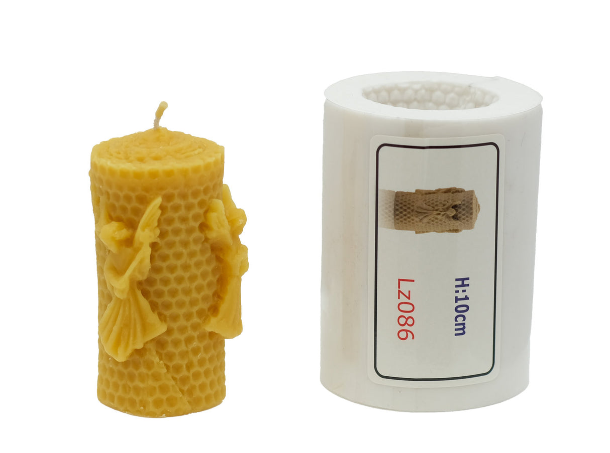 Silicone candle mold for beeswax honeycomb candle with angel and bee motif, pillar candle Lz086