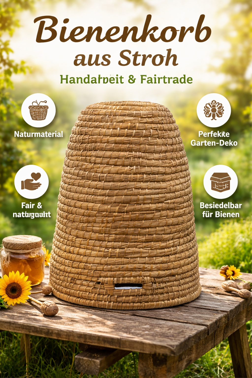Bienenkorb Verschieden Größen  aus Stroh 26cm-35cm  – Handarbeit Fairtrade