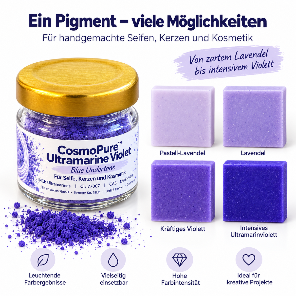 Ultramarin Violett Pigment 1 – Seifenfarbe für Seife, Kosmetik & Kerzen-Deko Lila Flieder Blauton