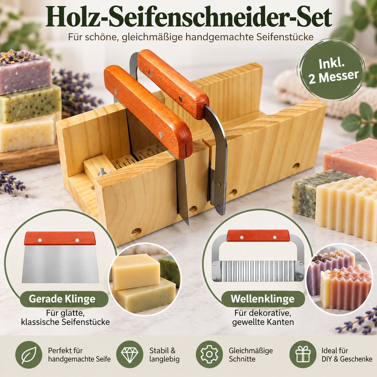 Einstellbarer Holz-Seifenschneider mit 2 Messern – glatt & Welle