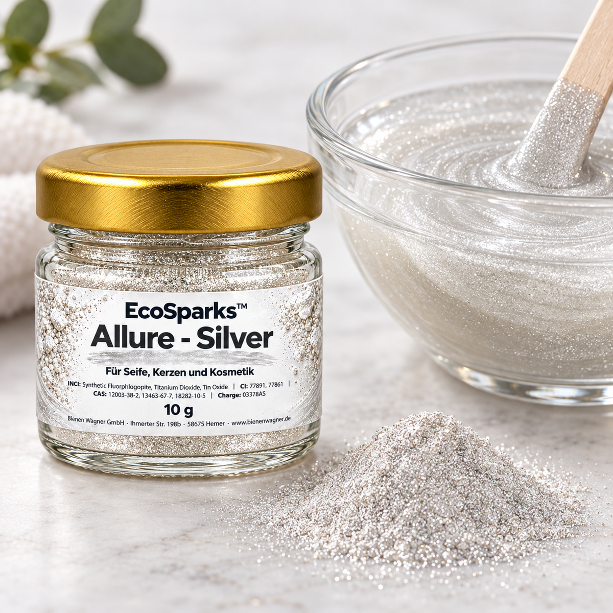 Pigmento effetto glitter argento EcoSparks™ Allure Silver – per sapone, candele e cosmetici, colore per sapone 