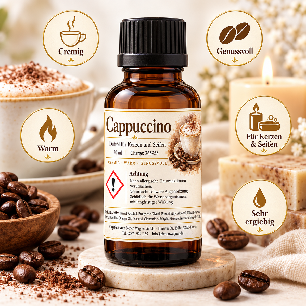 Olio profumato Cappuccino 30 ml – profumo di caffè per candele e saponi 