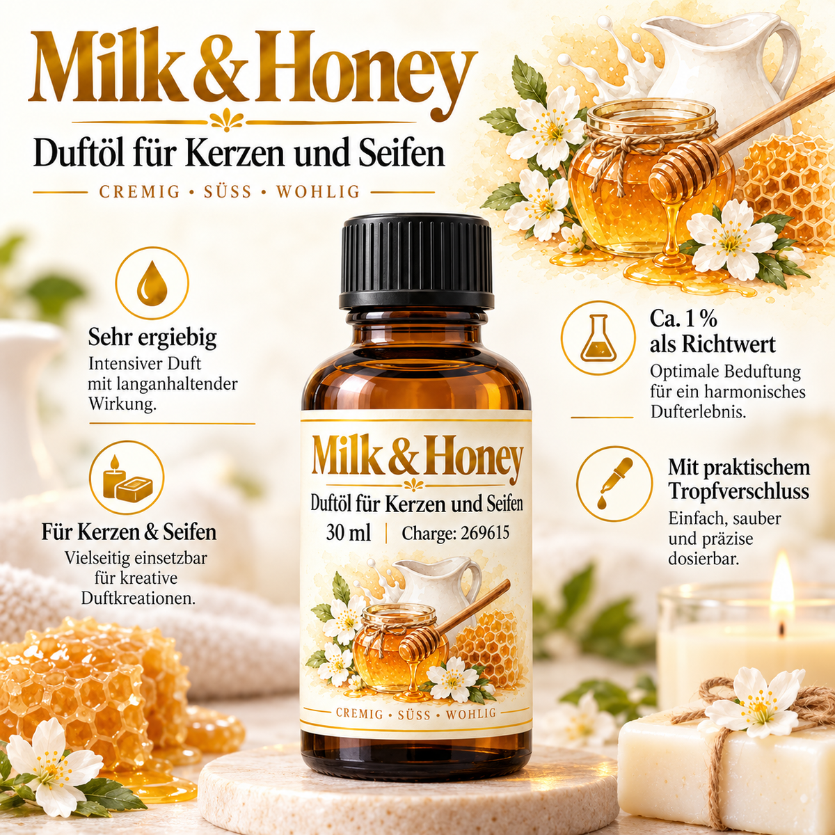 Huile parfumée Milk & Honey 30 ml – parfum lait & miel pour bougies & savons 