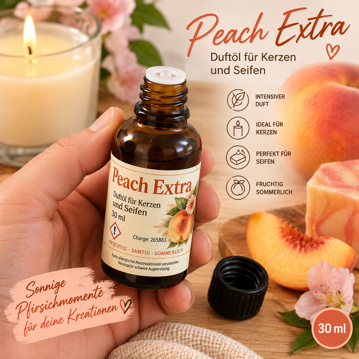 Olio profumato Peach Extra 30 ml – olio profumato alla pesca per candele e saponi 