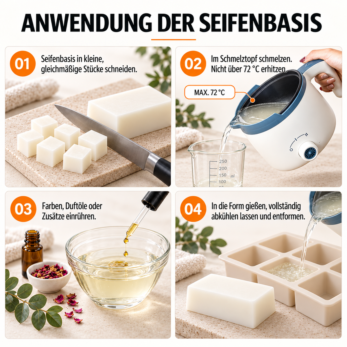 Base per sapone Melt &amp; Pour bianca – 1 kg | Vegana, senza olio di palma e facile da lavorare 