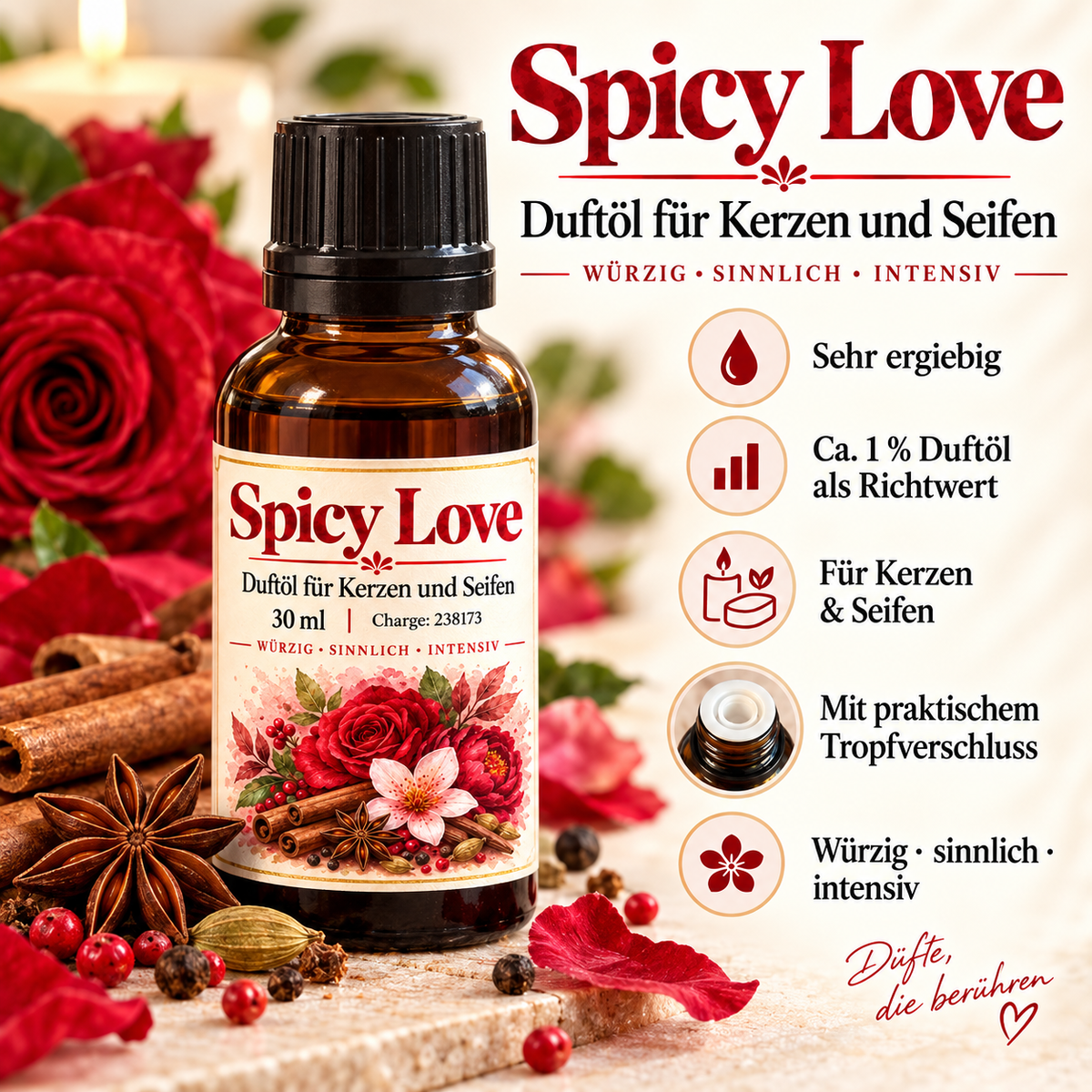 Spicy Love geurolie voor kaarsen en zepen – 30 ml 