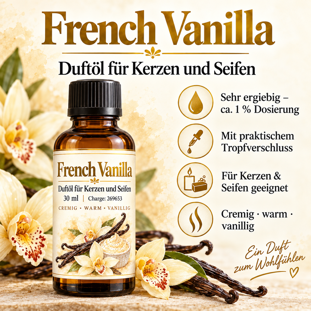 French Vanilla geurolie 30 ml – vanillegeur voor kaarsen & zepen 